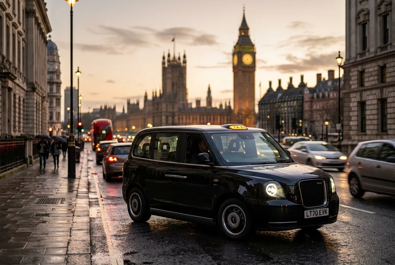 Modern LEVC TX electric London Black Cab on a central London street at dusk, with Big Ben in the background