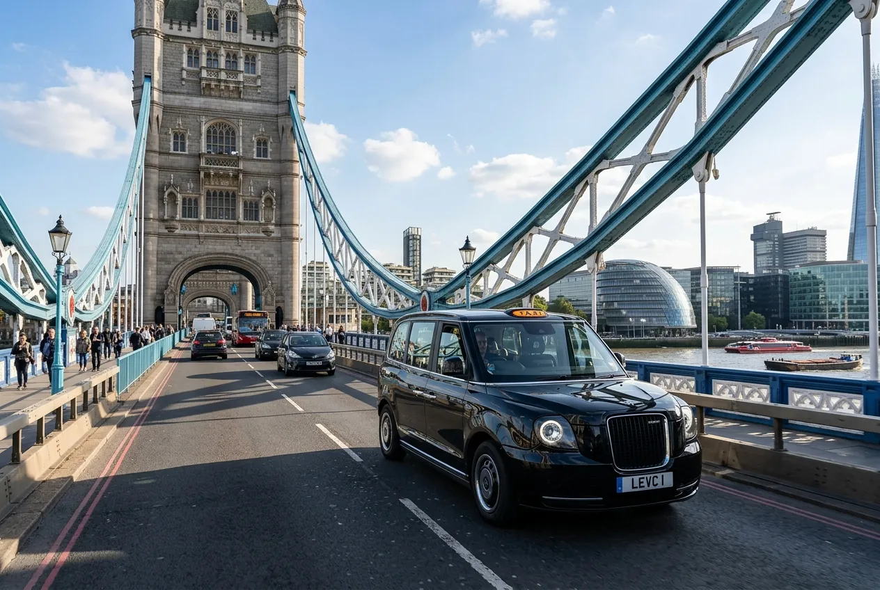 Modern LEVC TX electric London Black Cab crossing Tower Bridge in London
